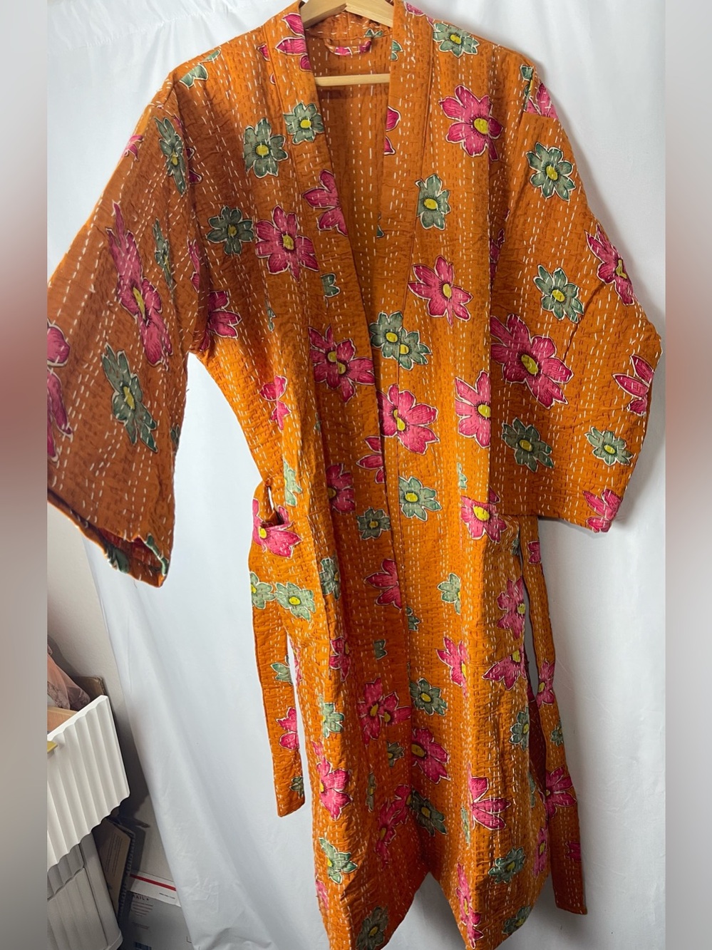 Orange Floral Kantha Robe Cotton Kimono Bathrobe Boho One Size belted